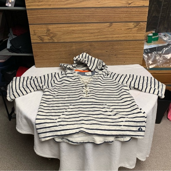 Sperry size small blue/gray Striped Lace-Up Hoodie front pocket - Picture 2 of 9